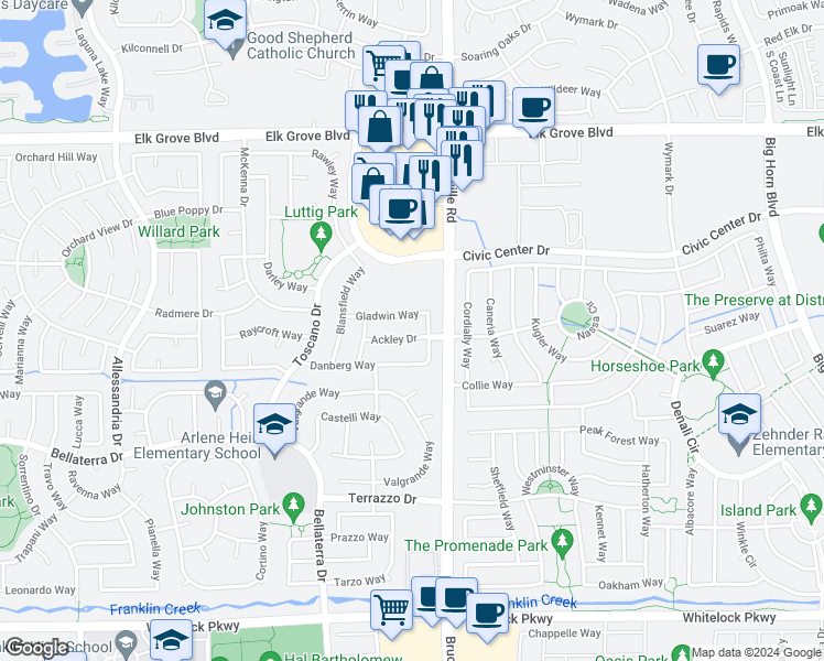 map of restaurants, bars, coffee shops, grocery stores, and more near 7213 Ackley Drive in Elk Grove