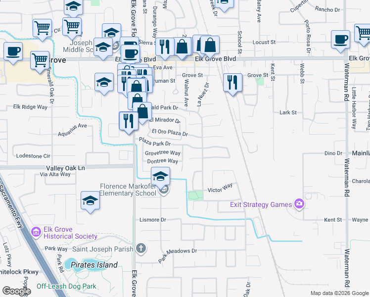 map of restaurants, bars, coffee shops, grocery stores, and more near 9007 Plaza Park Drive in Elk Grove