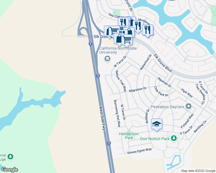 map of restaurants, bars, coffee shops, grocery stores, and more near 2325 Carex Court in Elk Grove