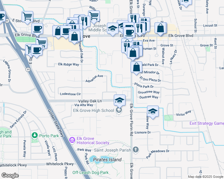 map of restaurants, bars, coffee shops, grocery stores, and more near 8851 Minnie Circle in Elk Grove