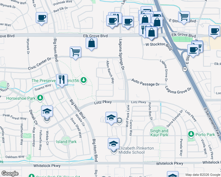 map of restaurants, bars, coffee shops, grocery stores, and more near 9761 Allen Ranch Way in Elk Grove