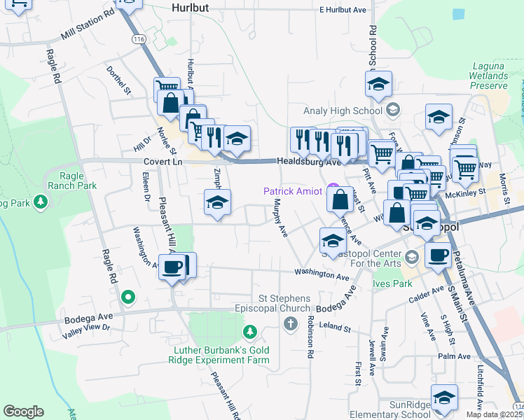 map of restaurants, bars, coffee shops, grocery stores, and more near 372 Orchard Street in Sebastopol