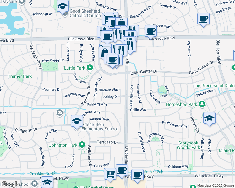 map of restaurants, bars, coffee shops, grocery stores, and more near 7213 Ackley Drive in Elk Grove