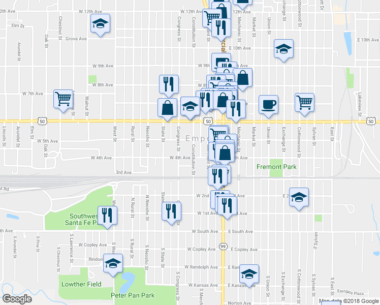 map of restaurants, bars, coffee shops, grocery stores, and more near 405 Constitution Street in Emporia