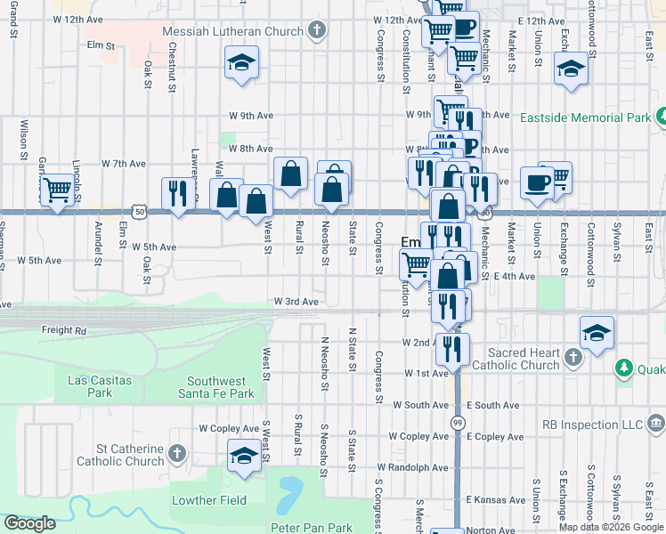 map of restaurants, bars, coffee shops, grocery stores, and more near 408 Neosho St in Emporia