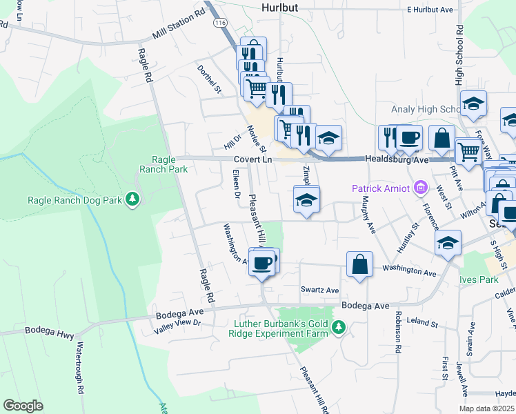 map of restaurants, bars, coffee shops, grocery stores, and more near 417 Pleasant Hill Road in Sebastopol