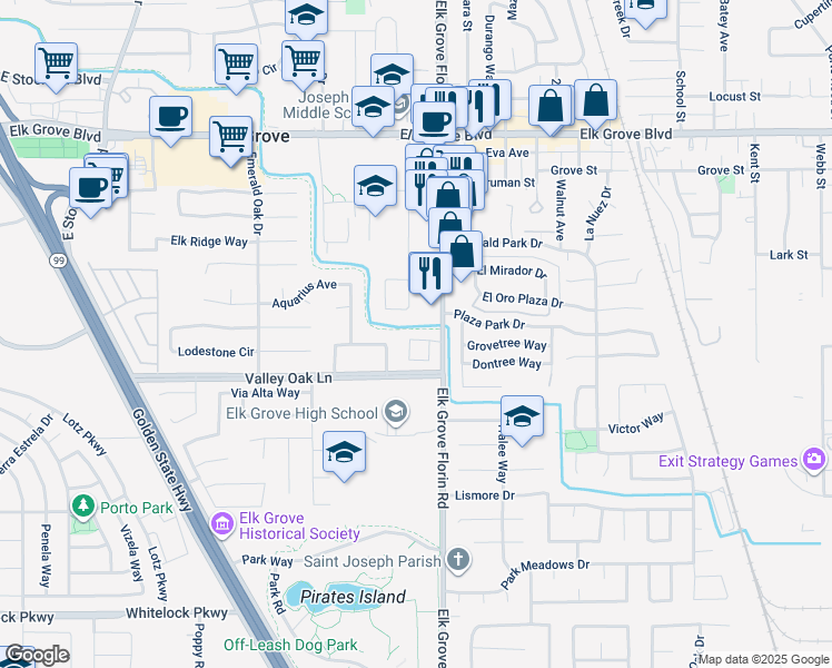 map of restaurants, bars, coffee shops, grocery stores, and more near 8875 Cadura Circle in Elk Grove