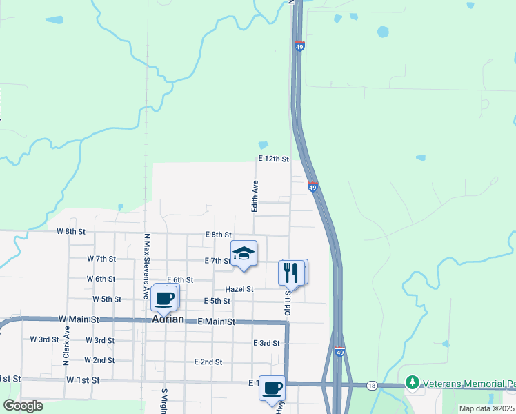 map of restaurants, bars, coffee shops, grocery stores, and more near 525 Plainview Drive in Adrian