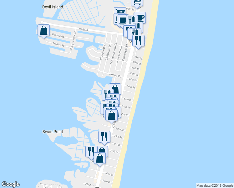 map of restaurants, bars, coffee shops, grocery stores, and more near 8401 Coastal Highway in Ocean City