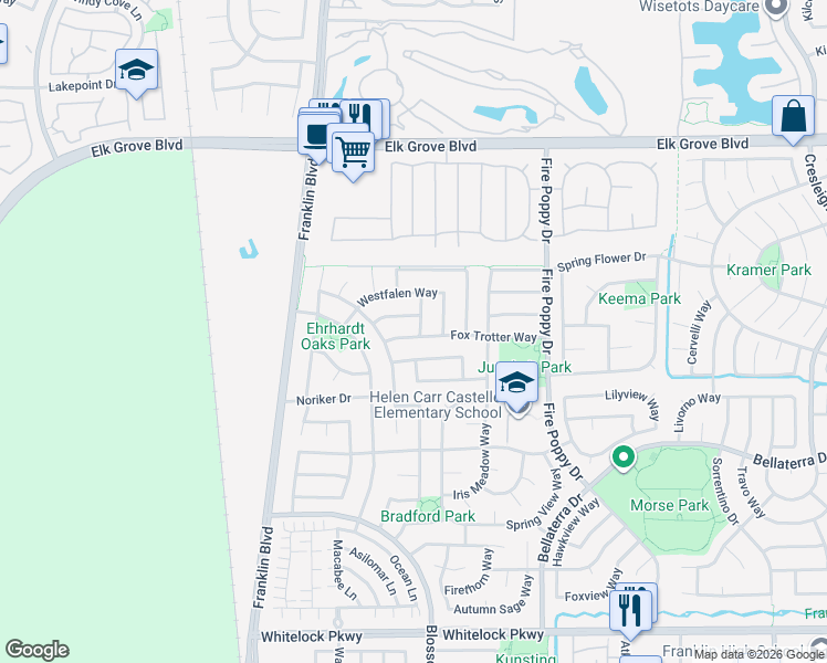 map of restaurants, bars, coffee shops, grocery stores, and more near 9752 Sorrena Way in Elk Grove