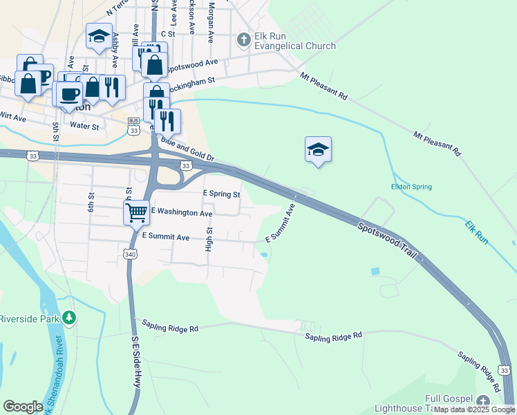 map of restaurants, bars, coffee shops, grocery stores, and more near 127 Pine Street in Elkton