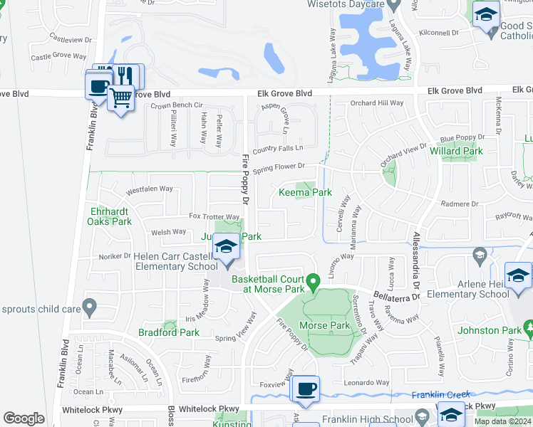 map of restaurants, bars, coffee shops, grocery stores, and more near 5508 Heather Field Way in Elk Grove
