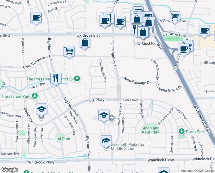 map of restaurants, bars, coffee shops, grocery stores, and more near 9761 Allen Ranch Way in Elk Grove