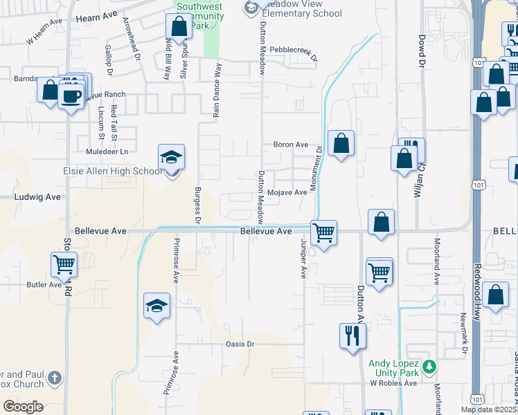 map of restaurants, bars, coffee shops, grocery stores, and more near 2921-2959 Dutton Meadow in Santa Rosa