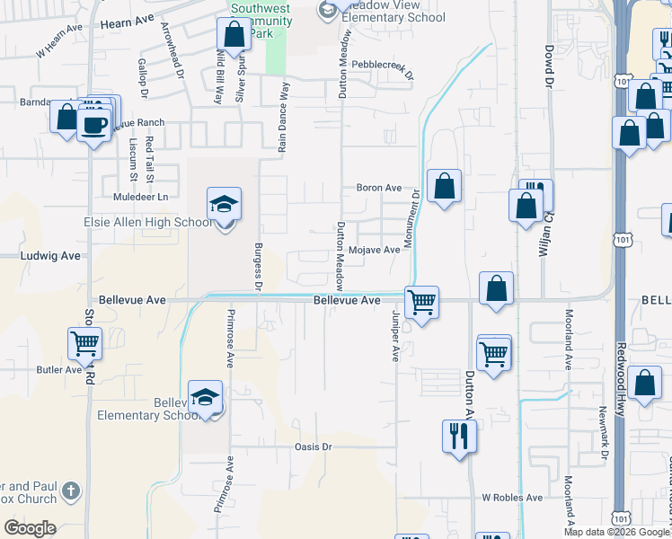 map of restaurants, bars, coffee shops, grocery stores, and more near 2921-2959 Dutton Meadow in Santa Rosa