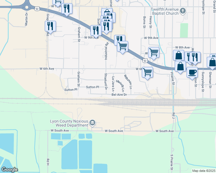 map of restaurants, bars, coffee shops, grocery stores, and more near 404 Stratford Drive in Emporia