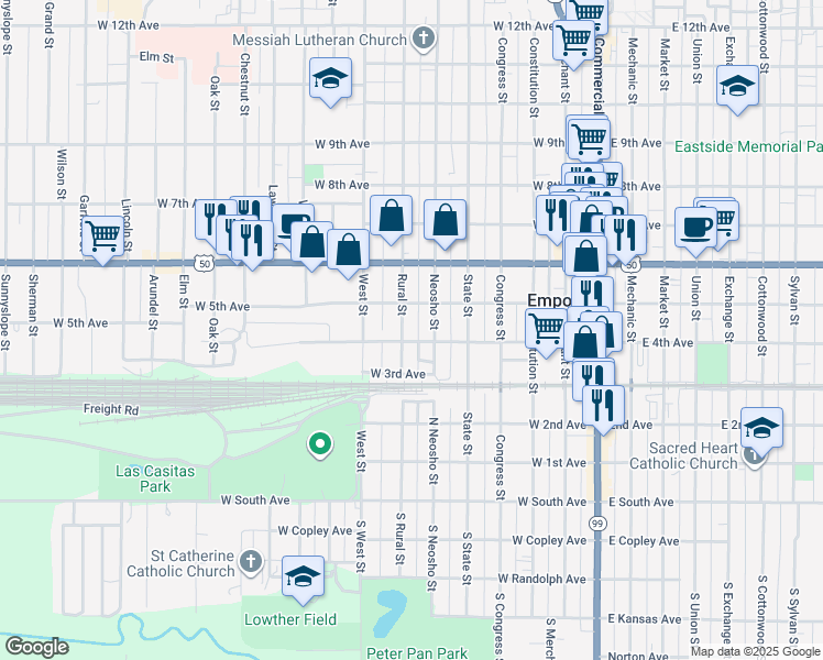 map of restaurants, bars, coffee shops, grocery stores, and more near 406 Rural St in Emporia