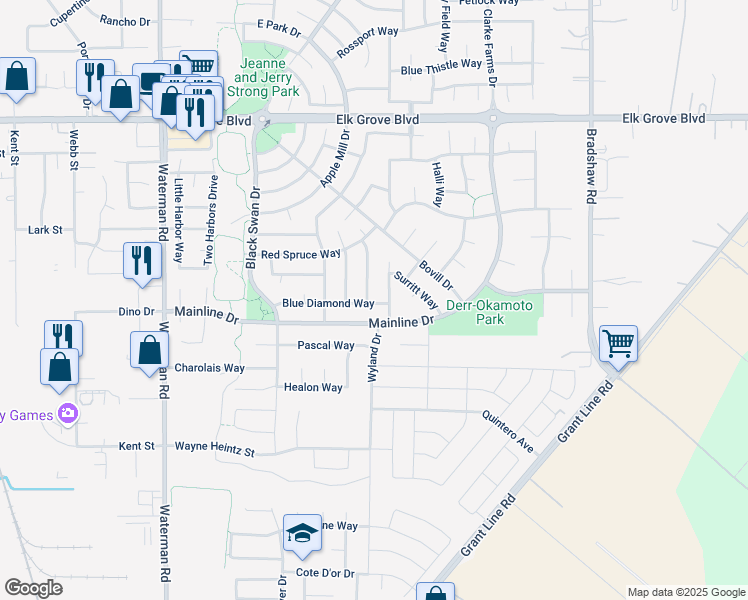 map of restaurants, bars, coffee shops, grocery stores, and more near 9765 Dynasty Way in Elk Grove