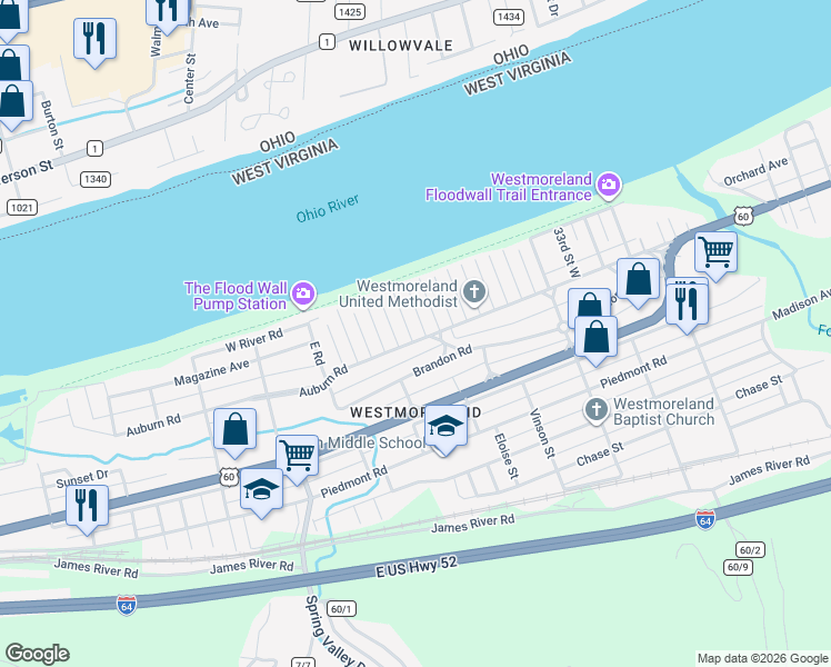 map of restaurants, bars, coffee shops, grocery stores, and more near 271 Illinois St in Huntington