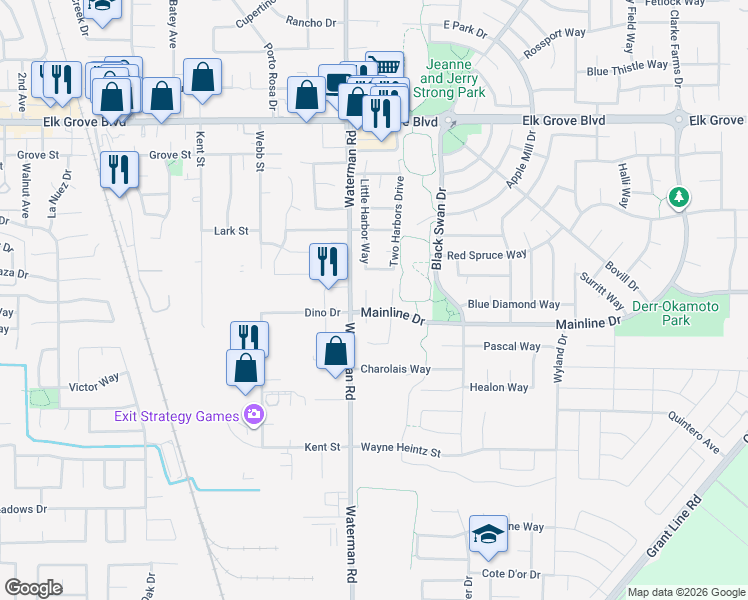 map of restaurants, bars, coffee shops, grocery stores, and more near 9764 Lilac Fields Place in Elk Grove
