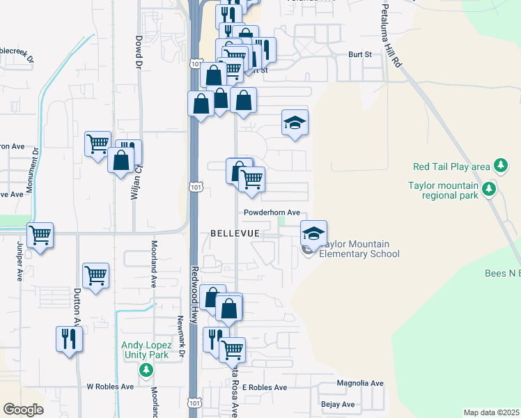 map of restaurants, bars, coffee shops, grocery stores, and more near 633 Powderhorn Avenue in Santa Rosa