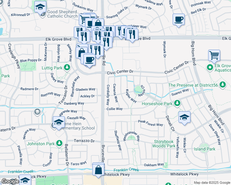 map of restaurants, bars, coffee shops, grocery stores, and more near 9763 Caneria Way in Elk Grove