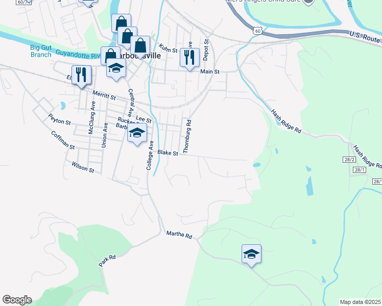 map of restaurants, bars, coffee shops, grocery stores, and more near 1222 Blake St in Barboursville