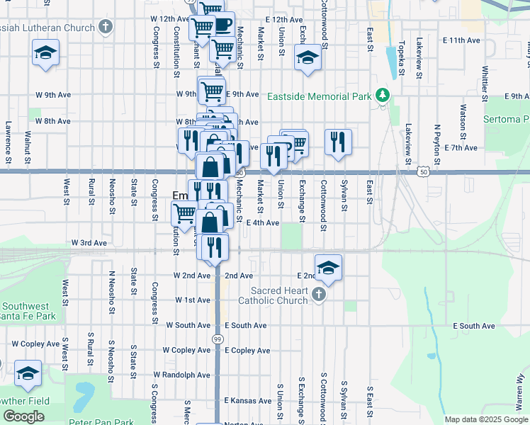map of restaurants, bars, coffee shops, grocery stores, and more near 412 Market Street in Emporia