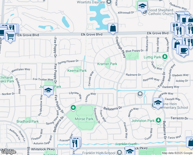 map of restaurants, bars, coffee shops, grocery stores, and more near 9713 Marianna Way in Elk Grove