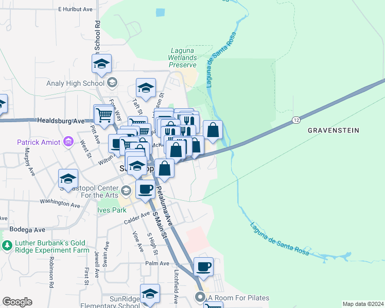 map of restaurants, bars, coffee shops, grocery stores, and more near 6700 Sebastopol Avenue in Sebastopol