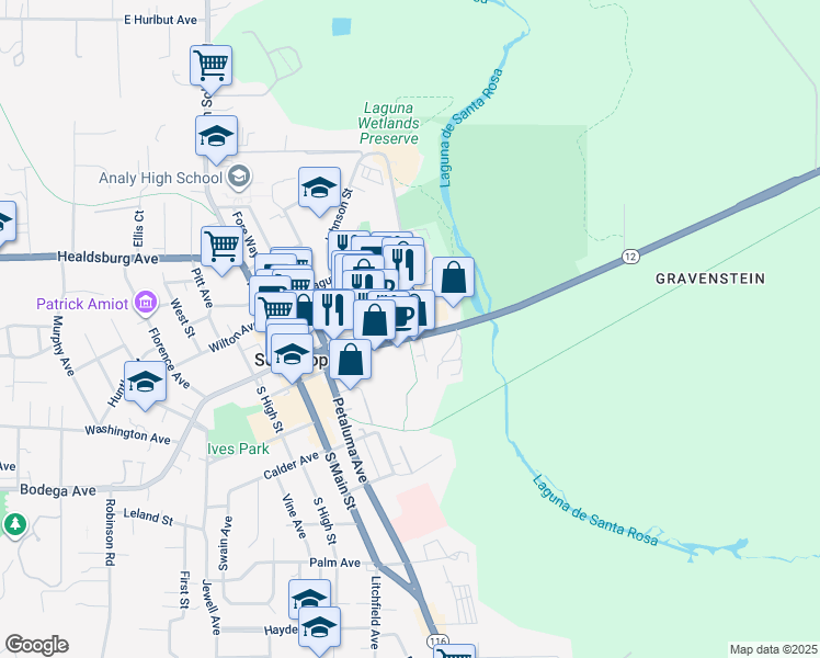 map of restaurants, bars, coffee shops, grocery stores, and more near 6700 Sebastopol Avenue in Sebastopol