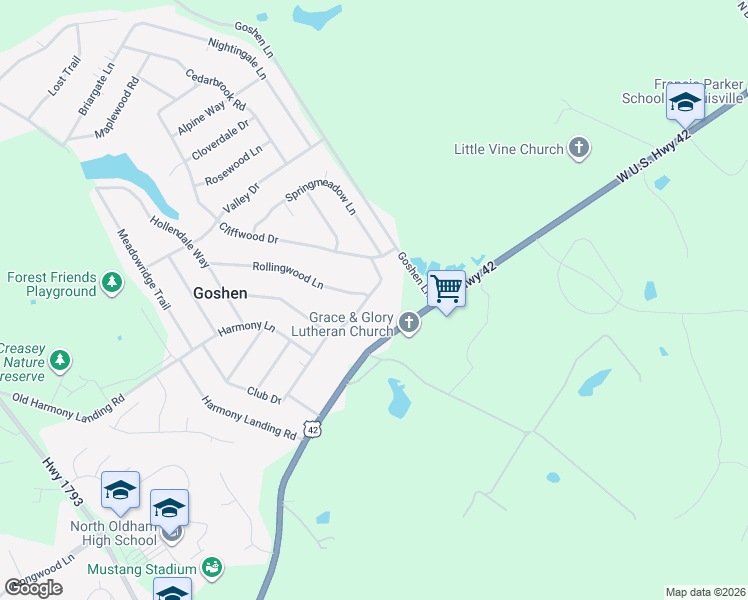 map of restaurants, bars, coffee shops, grocery stores, and more near 12010 Springmeadow Lane in Goshen