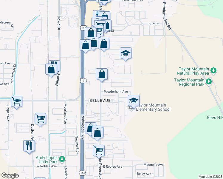 map of restaurants, bars, coffee shops, grocery stores, and more near 633 Powderhorn Avenue in Santa Rosa