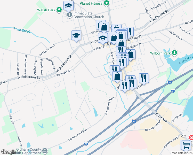 map of restaurants, bars, coffee shops, grocery stores, and more near 231 Yager Avenue in La Grange