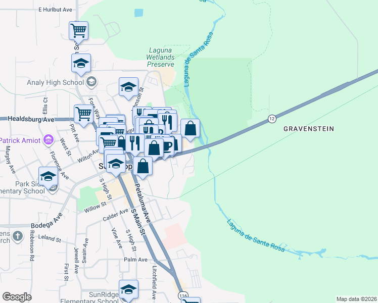map of restaurants, bars, coffee shops, grocery stores, and more near Sebastopol Avenue in Sebastopol