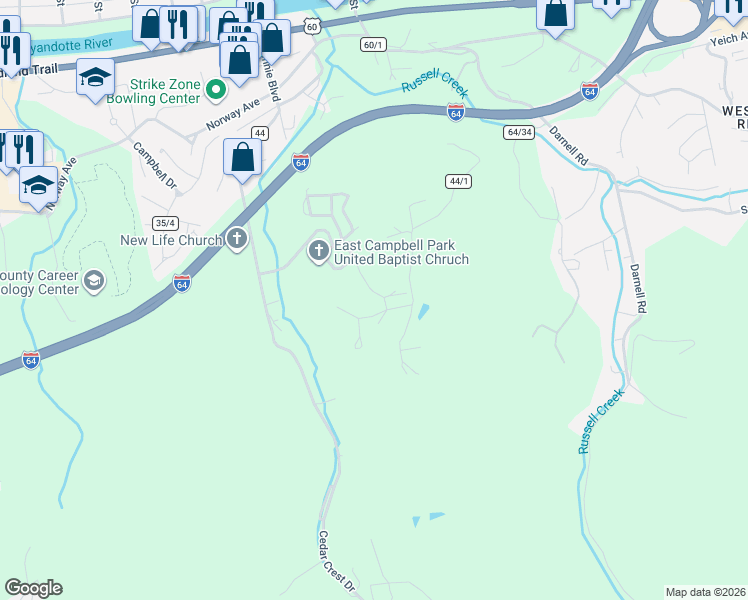 map of restaurants, bars, coffee shops, grocery stores, and more near 1437 Grapevine Dr in Huntington