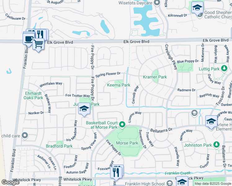 map of restaurants, bars, coffee shops, grocery stores, and more near 5804 Laurel Cove Court in Elk Grove