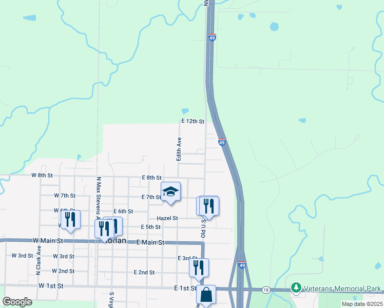 map of restaurants, bars, coffee shops, grocery stores, and more near 525 Plainview Drive in Adrian