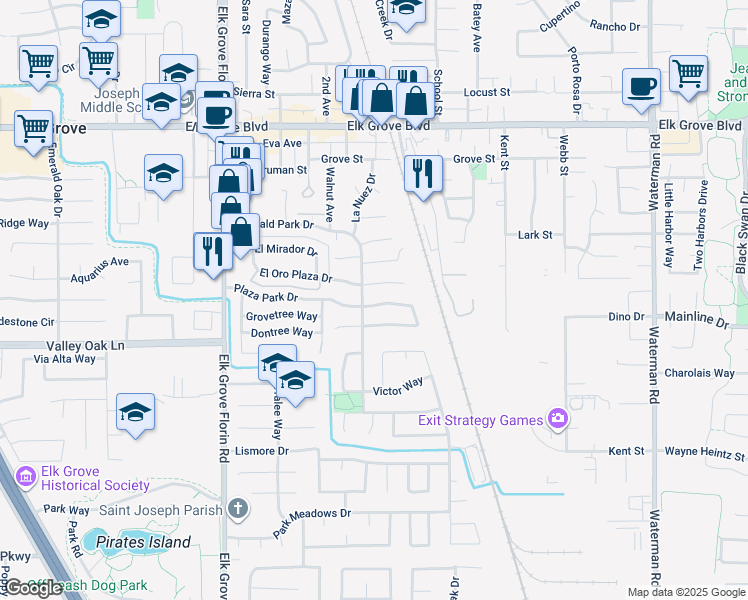 map of restaurants, bars, coffee shops, grocery stores, and more near 9027 Plaza Park Drive in Elk Grove