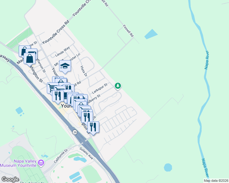 map of restaurants, bars, coffee shops, grocery stores, and more near 1870 Oak Circle in Yountville