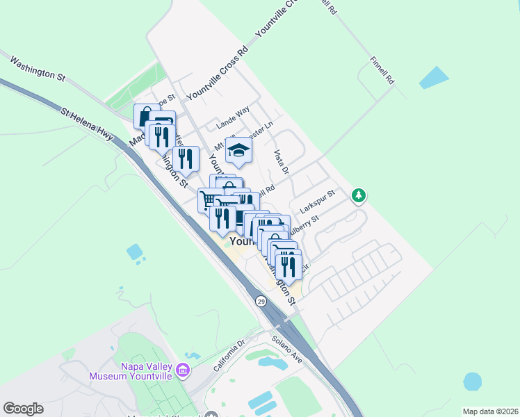 map of restaurants, bars, coffee shops, grocery stores, and more near 6526 Yount Street in Yountville