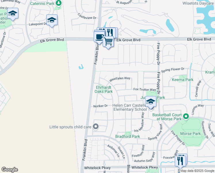 map of restaurants, bars, coffee shops, grocery stores, and more near 4801 Percheron Drive in Elk Grove