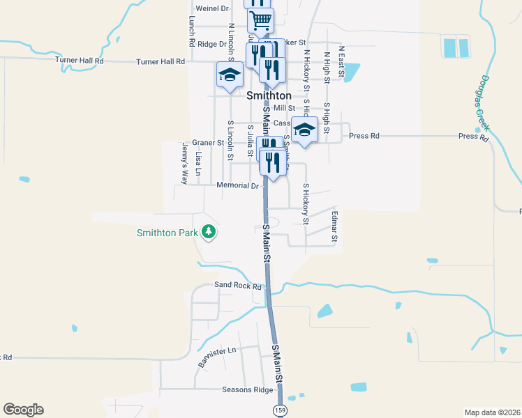 map of restaurants, bars, coffee shops, grocery stores, and more near 533 South Main Street in Smithton