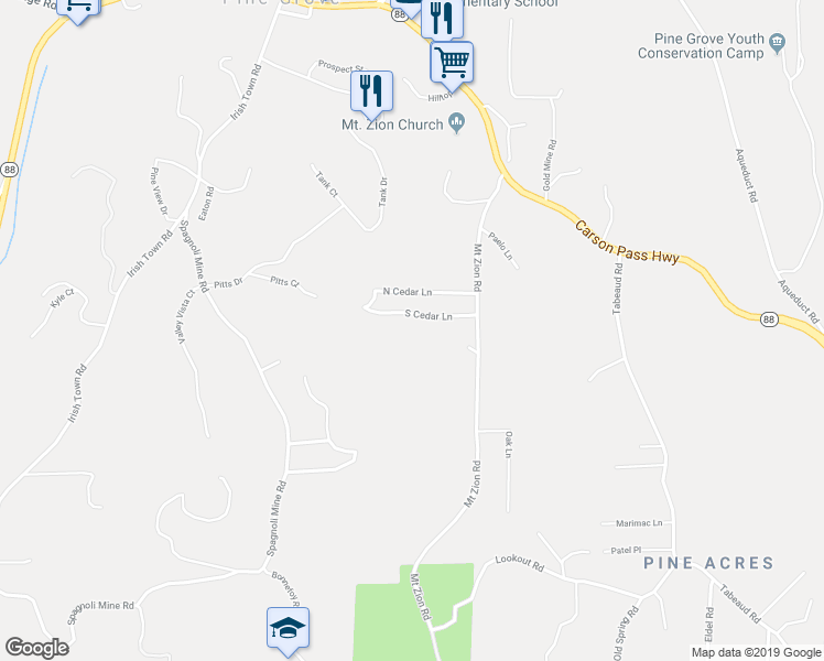 map of restaurants, bars, coffee shops, grocery stores, and more near 20120 South Cedar Lane in Pine Grove