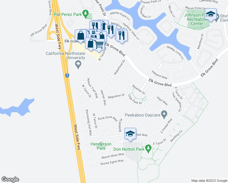 map of restaurants, bars, coffee shops, grocery stores, and more near 9712 Sage Thrasher Circle in Elk Grove