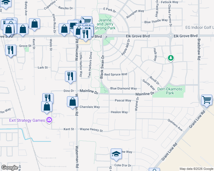 map of restaurants, bars, coffee shops, grocery stores, and more near 9746 Black Swan Drive in Elk Grove