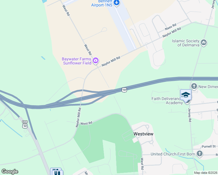 map of restaurants, bars, coffee shops, grocery stores, and more near 1705 West Road in Salisbury