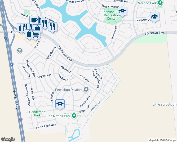 map of restaurants, bars, coffee shops, grocery stores, and more near 3016 Tree Swallow Circle in Elk Grove