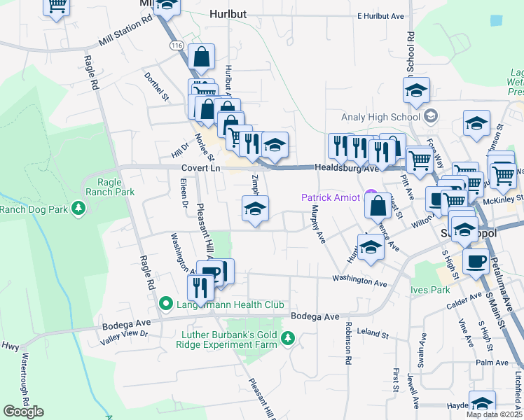 map of restaurants, bars, coffee shops, grocery stores, and more near 395 Zimpher Road in Sebastopol