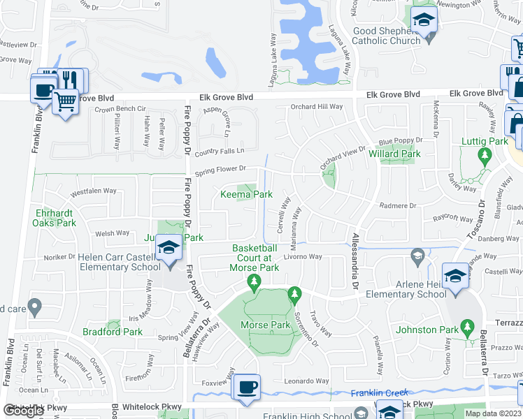 map of restaurants, bars, coffee shops, grocery stores, and more near 9749 Summer Glen Way in Elk Grove